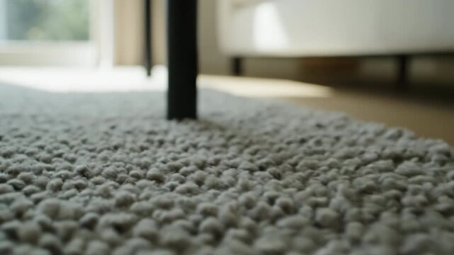 Extreme close-up slow motion glide revealing the subtle woven texture of a light gray wool rug complementing the minimalist interior design aesthetic luxury, background, light gray wool rug