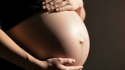 Close-up of a pregnant woman's belly with her hands gently cradling it, showing the curve and linea nigra in soft light.