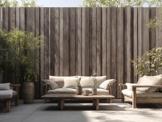 Outdoor lounge area with wooden furniture against weathered wall