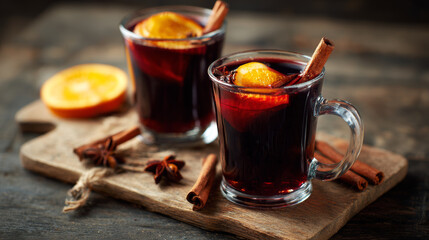 Two glasses of warm mulled wine with cinnamon sticks and orange slices on a rustic wooden serving board, cozy winter beverage presentation