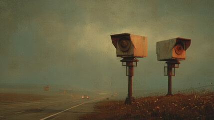 Two high-tech traffic cameras mounted on metal poles beside a highway with a distant road and vehicle lights in the background