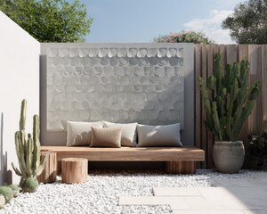 Outdoor patio scene with wooden bench decorative wall cacti and pillows