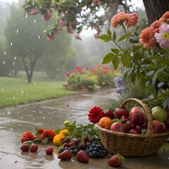 Garden flowers and mixed fruits under light rain, natural realism, beautiful background