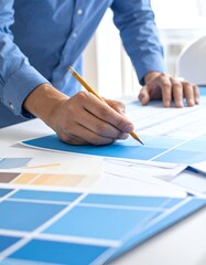 Person sketching on blueprints with color swatches, close-up view