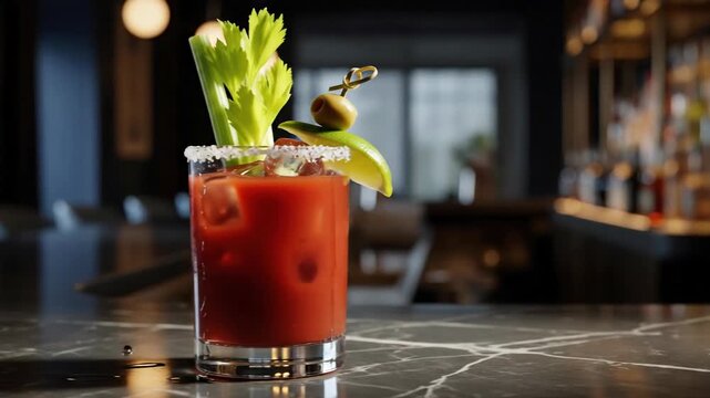 Canadian caesar cocktail with celery stick, lime and olive on bar counter with salt rim, spicy tomato alcohol drink with ice.