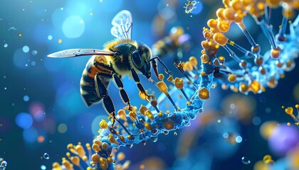 Honeybee explores a double helix structure, vibrant blue and gold colors