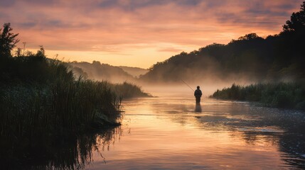 Fototapeta premium Early morning river angler fly fishing at sunrise with misty banks
