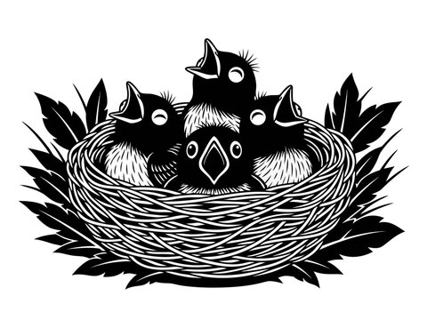 Vector Illustration of Three Baby Birds in a Nest with Leaves Vector Art