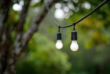 Outdoor string lights illuminate natural landscape with bokeh background