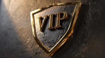 Elegant gold plaque displaying VIP lettering against a rich wall backdrop