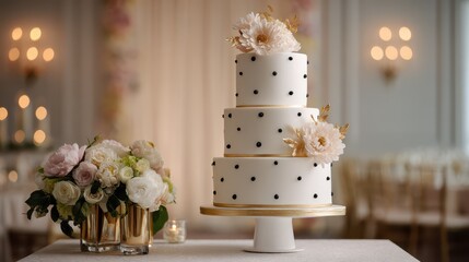 Elegant tiered polka dot wedding cake featuring crisp fondant dots and gold trim on a white stand