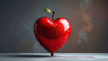 A shiny red heart-shaped apple balloon, with a stem and leaf, on grey