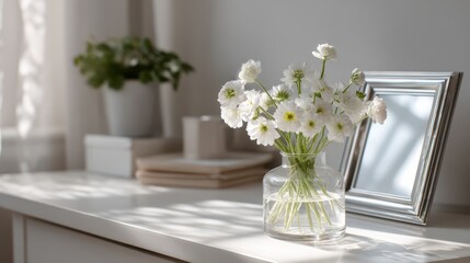 Elegant white decor with spring blooms, glass vase, and silver frame on a pristine table in a serene interior