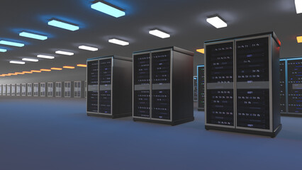 Server. Server data center. Backup, mining, hosting, mainframe, farm and computer rack with storage information. 3d rendering