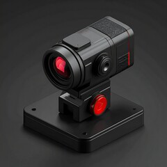 Isometric view of a sleek, black camera on a small base, red accents