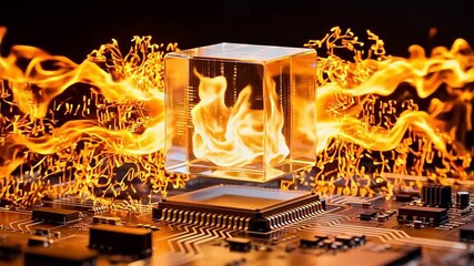 Glass cube with fire on circuit board - Powered by Adobe