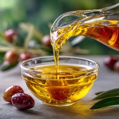 Olive Oil Pouring from Glass Carafe into Bowl with Fresh Olives and Green Leaves, Close-up