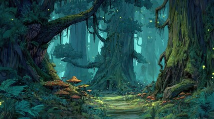 Enchanted Woodland Pathway Through Ancient Mossy Trees at Twilight