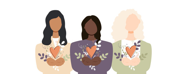 Different women standing with palms together, extended forward in a gesture of offering. International Women's Day 2026 concept.