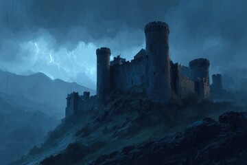 Epic castle panorama: dark stone towers, stormy weather, and high-contrast moody tones