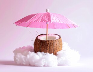 Half-coconut, pink umbrella, on cotton clouds, pastel background