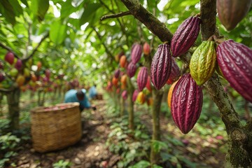 Farm workers gathering cacao pods on lush trees in a tropical setting