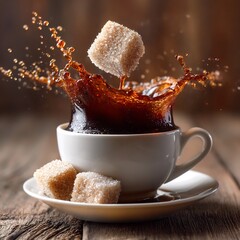 Sugar Cube Splashing into Hot Coffee in White Cup on Rustic Wooden Table