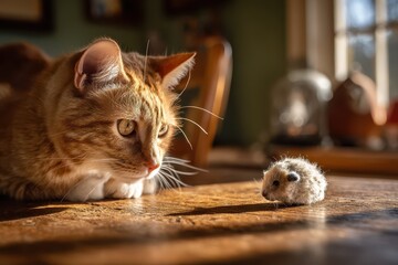 Feline at play: a small toy rodent on a tabletop under morning sun