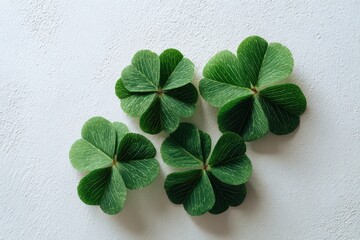 Flat lay of bright green clover foliage on a clean white backdrop for design layouts