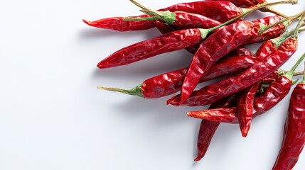 Flat lay of vibrant red chili peppers on a white background for design banners