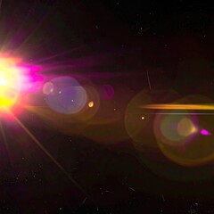 Radiant burst of light, lens flares across dark space, dreamy atmosphere