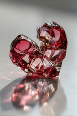 Fragile red glass heart shattered into crystal fragments under moody studio lighting