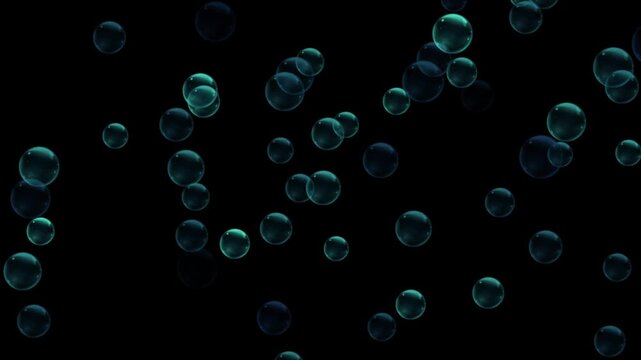 Floating translucent blue bubbles with bokeh on a black background for underwater and abstract overlays