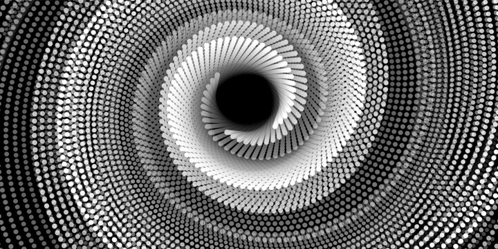 Abstract spiral pattern made of white spotted lines on a black background. The dynamic, optical illusion effect creates depth and motion, perfect for modern design, posters or digital art projects.