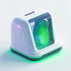 Futuristic white device scans a glowing green fingerprint