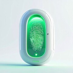 Modern white device displays glowing fingerprint, futuristic design