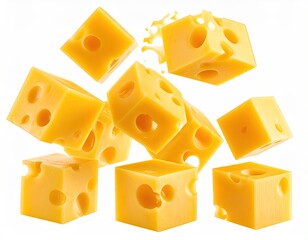 Cubes of golden cheese with holes floating against a bright white backdrop