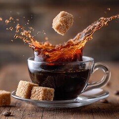Sugar Cube Splashing into Black Coffee in Glass Cup on Wooden Background, Dynamic Close-up