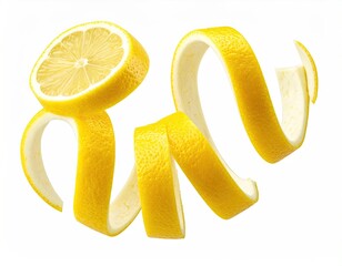 A sliced citrus with zest spiraling against a white backdrop