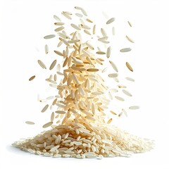 Grains of rice pouring from above, forming a pile on a white backdrop