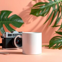 White mug, old camera, and tropical leaves against a peach background