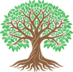 Abstract vector illustration of a green nature tree with roots and lush foliage, symbolizing eco growth and life in a forest environment