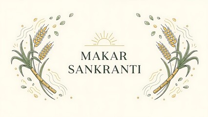 Celebration of Makar Sankranti with wheat stalks and leaves in a festive illustration