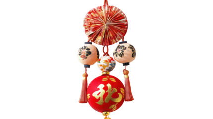 Traditional Japanese lucky charm decoration with calligraphy on transparent background