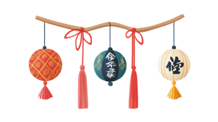 Traditional Japanese lucky charm decoration with calligraphy on transparent background