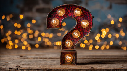 Vintage marquee lighted question mark sign with warm incandescent bulbs on rustic wooden surface and blurred bokeh background for decorative or promotional use