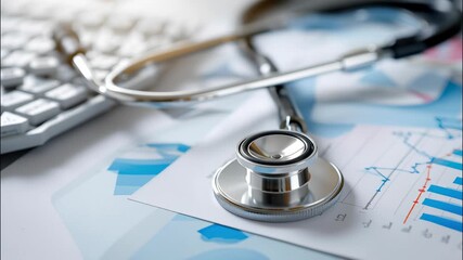 Medical stethoscope lying across financial graphs, representing healthcare data analysis and strategic financial planning video 4k - Powered by Adobe