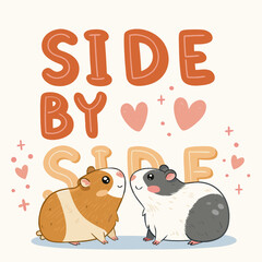 Fototapeta premium Charming cartoon illustration of two adorable guinea pigs gazing at each other with affection, symbolizing deep companionship and warmth, framed by playful 'Side by Side' typography 