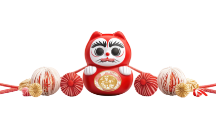 Traditional Japanese winter elements with daruma doll and mizuhiki on transparent background