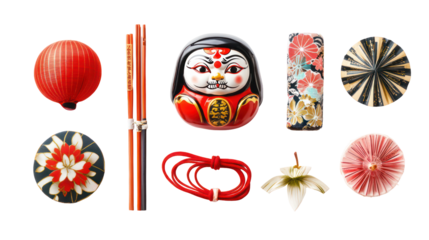 Traditional Japanese winter elements with daruma doll and mizuhiki on transparent background